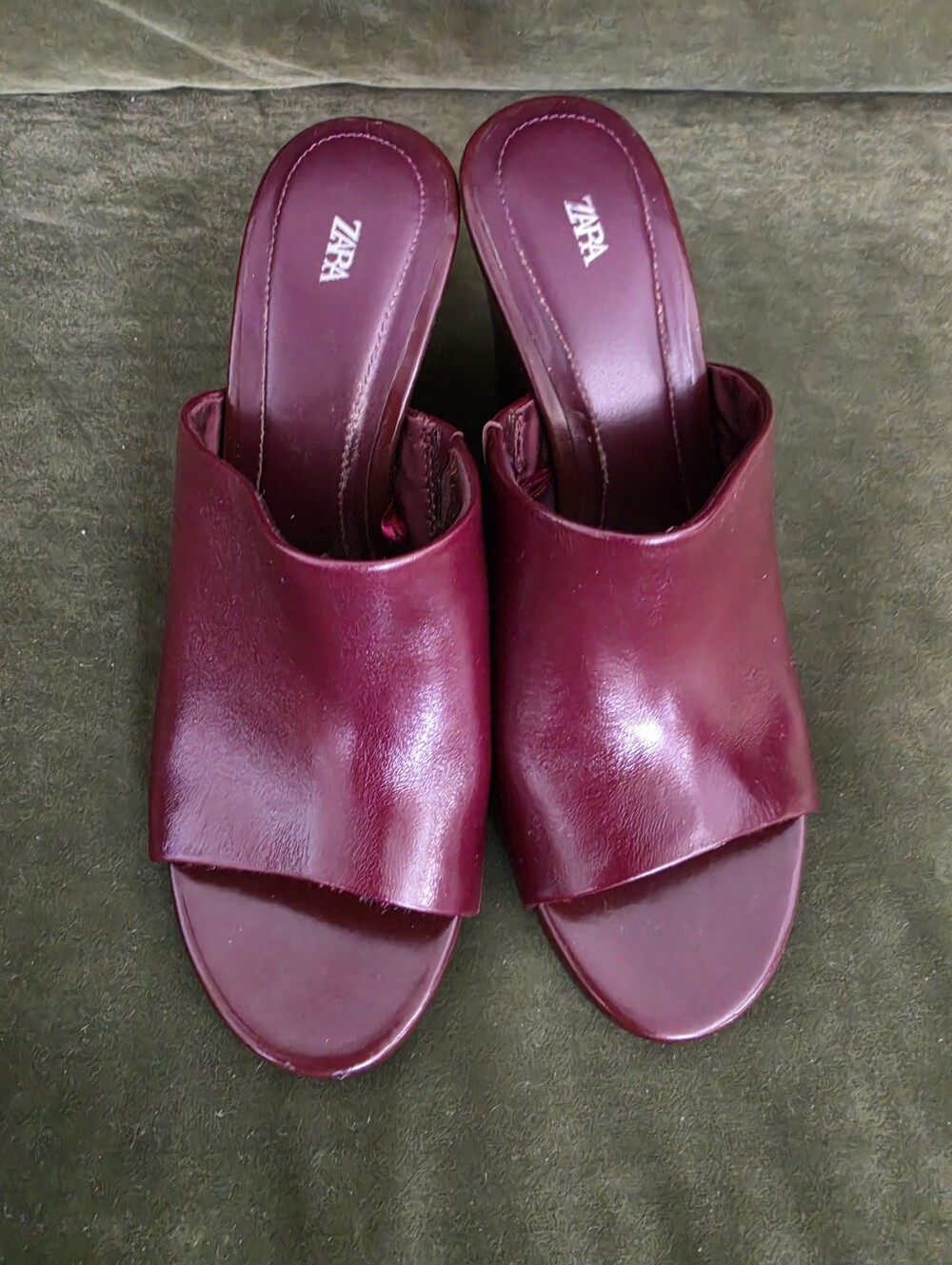 Zara Burgundy Leather Open Toe Block Heel Mules Slides 4" Size 7.5 — Worn Once